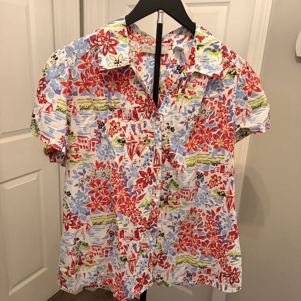 Vintage 90s Sag Harbor Sport Scenic Nautical Hawaiian Camp Shirt Grandmacore EUC